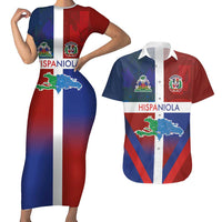 Haiti and Dominican Republic Couples Matching Short Sleeve Bodycon Dress and Hawaiian Shirt Hispaniola with Emblems and Flag Style