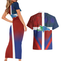 Haiti and Dominican Republic Couples Matching Short Sleeve Bodycon Dress and Hawaiian Shirt Hispaniola with Emblems and Flag Style