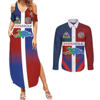Haiti and Dominican Republic Couples Matching Summer Maxi Dress and Long Sleeve Button Shirt Hispaniola with Emblems and Flag Style