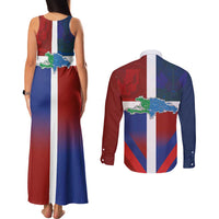 Haiti and Dominican Republic Couples Matching Tank Maxi Dress and Long Sleeve Button Shirt Hispaniola with Emblems and Flag Style