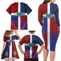 Haiti and Dominican Republic Family Matching Long Sleeve Bodycon Dress and Hawaiian Shirt Hispaniola with Emblems and Flag Style