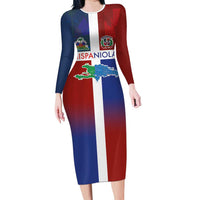 Haiti and Dominican Republic Family Matching Long Sleeve Bodycon Dress and Hawaiian Shirt Hispaniola with Emblems and Flag Style