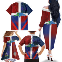 Haiti and Dominican Republic Family Matching Off The Shoulder Long Sleeve Dress and Hawaiian Shirt Hispaniola with Emblems and Flag Style