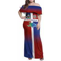 Haiti and Dominican Republic Family Matching Off Shoulder Maxi Dress and Hawaiian Shirt Hispaniola with Emblems and Flag Style