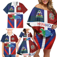Haiti and Dominican Republic Family Matching Off Shoulder Short Dress and Hawaiian Shirt Hispaniola with Emblems and Flag Style