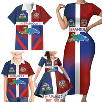 Haiti and Dominican Republic Family Matching Short Sleeve Bodycon Dress and Hawaiian Shirt Hispaniola with Emblems and Flag Style