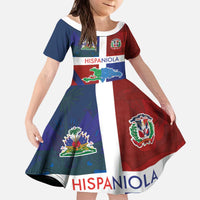 Haiti and Dominican Republic Kid Short Sleeve Dress Hispaniola with Emblems and Flag Style