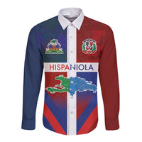 Haiti and Dominican Republic Long Sleeve Button Shirt Hispaniola with Emblems and Flag Style