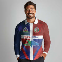 Haiti and Dominican Republic Long Sleeve Polo Shirt Hispaniola with Emblems and Flag Style