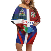 Haiti and Dominican Republic Off Shoulder Short Dress Hispaniola with Emblems and Flag Style