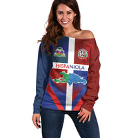 Haiti and Dominican Republic Off Shoulder Sweater Hispaniola with Emblems and Flag Style