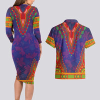 Haiti Choeblack Dashiki Style Couples Matching Long Sleeve Bodycon Dress and Hawaiian Shirt Blue Color