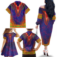 Haiti Choeblack Dashiki Style Family Matching Off The Shoulder Long Sleeve Dress and Hawaiian Shirt Blue Color