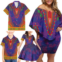 Haiti Choeblack Dashiki Style Family Matching Off Shoulder Short Dress and Hawaiian Shirt Blue Color