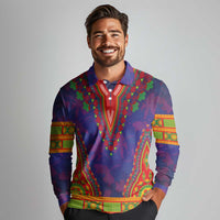 Haiti Choeblack Dashiki Style Long Sleeve Polo Shirt Blue Color