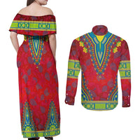 Haiti Choeblack Dashiki Style Couples Matching Off Shoulder Maxi Dress and Long Sleeve Button Shirt Red Color