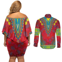 Haiti Choeblack Dashiki Style Couples Matching Off Shoulder Short Dress and Long Sleeve Button Shirt Red Color
