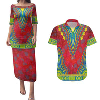 Haiti Choeblack Dashiki Style Couples Matching Puletasi and Hawaiian Shirt Red Color