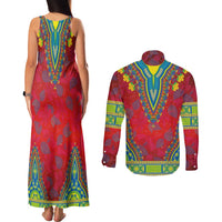 Haiti Choeblack Dashiki Style Couples Matching Tank Maxi Dress and Long Sleeve Button Shirt Red Color