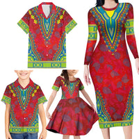 Haiti Choeblack Dashiki Style Family Matching Long Sleeve Bodycon Dress and Hawaiian Shirt Red Color