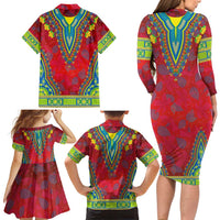 Haiti Choeblack Dashiki Style Family Matching Long Sleeve Bodycon Dress and Hawaiian Shirt Red Color