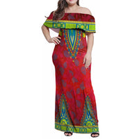 Haiti Choeblack Dashiki Style Family Matching Off Shoulder Maxi Dress and Hawaiian Shirt Red Color