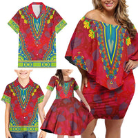 Haiti Choeblack Dashiki Style Family Matching Off Shoulder Short Dress and Hawaiian Shirt Red Color