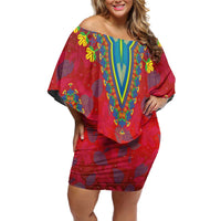 Haiti Choeblack Dashiki Style Family Matching Off Shoulder Short Dress and Hawaiian Shirt Red Color