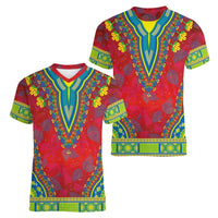 Haiti Choeblack Dashiki Style Women V-Neck T-Shirt Red Color