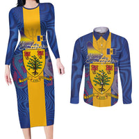 Personalised Barbados Emancipation Day Couples Matching Long Sleeve Bodycon Dress and Long Sleeve Button Shirt Coat of Arms and Map National Flag Style - Wonder Print Shop