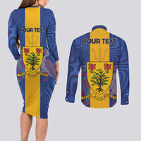 Personalised Barbados Emancipation Day Couples Matching Long Sleeve Bodycon Dress and Long Sleeve Button Shirt Coat of Arms and Map National Flag Style - Wonder Print Shop