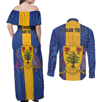 Personalised Barbados Emancipation Day Couples Matching Off Shoulder Maxi Dress and Long Sleeve Button Shirt Coat of Arms and Map National Flag Style - Wonder Print Shop