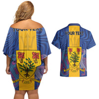 Personalised Barbados Emancipation Day Couples Matching Off Shoulder Short Dress and Hawaiian Shirt Coat of Arms and Map National Flag Style - Wonder Print Shop