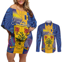 Personalised Barbados Emancipation Day Couples Matching Off Shoulder Short Dress and Long Sleeve Button Shirt Coat of Arms and Map National Flag Style - Wonder Print Shop