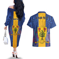 Personalised Barbados Emancipation Day Couples Matching Off The Shoulder Long Sleeve Dress and Hawaiian Shirt Coat of Arms and Map National Flag Style - Wonder Print Shop