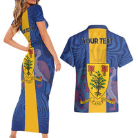 Personalised Barbados Emancipation Day Couples Matching Short Sleeve Bodycon Dress and Hawaiian Shirt Coat of Arms and Map National Flag Style - Wonder Print Shop