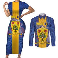 Personalised Barbados Emancipation Day Couples Matching Short Sleeve Bodycon Dress and Long Sleeve Button Shirt Coat of Arms and Map National Flag Style - Wonder Print Shop