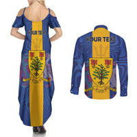 Personalised Barbados Emancipation Day Couples Matching Summer Maxi Dress and Long Sleeve Button Shirt Coat of Arms and Map National Flag Style - Wonder Print Shop