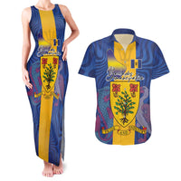Personalised Barbados Emancipation Day Couples Matching Tank Maxi Dress and Hawaiian Shirt Coat of Arms and Map National Flag Style - Wonder Print Shop