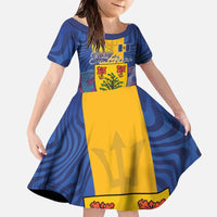 Personalised Barbados Emancipation Day Family Matching Off The Shoulder Long Sleeve Dress and Hawaiian Shirt Coat of Arms and Map National Flag Style - Wonder Print Shop