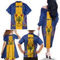 Personalised Barbados Emancipation Day Family Matching Off The Shoulder Long Sleeve Dress and Hawaiian Shirt Coat of Arms and Map National Flag Style - Wonder Print Shop