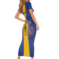 Personalised Barbados Emancipation Day Family Matching Short Sleeve Bodycon Dress and Hawaiian Shirt Coat of Arms and Map National Flag Style - Wonder Print Shop