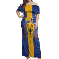 Personalised Barbados Emancipation Day Off Shoulder Maxi Dress Coat of Arms and Map National Flag Style - Wonder Print Shop