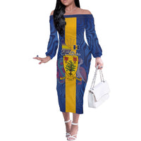 Personalised Barbados Emancipation Day Off The Shoulder Long Sleeve Dress Coat of Arms and Map National Flag Style - Wonder Print Shop