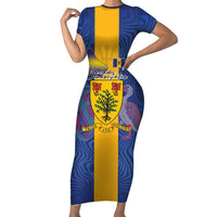 Personalised Barbados Emancipation Day Short Sleeve Bodycon Dress Coat of Arms and Map National Flag Style - Wonder Print Shop