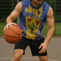 Personalised Barbados Emancipation Day Sleeveless Hoodie Coat of Arms and Map National Flag Style - Wonder Print Shop