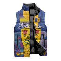 Personalised Barbados Emancipation Day Sleeveless Puffer Jacket Coat of Arms and Map National Flag Style - Wonder Print Shop
