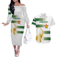 Custom Zimbabwe Rugby The Champions 2025 Couples Matching Off The Shoulder Long Sleeve Dress and Hawaiian Shirt The Gold Sables Version - Wonder Print Shop
