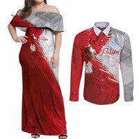 Poland Eagle and Winged Hussar Couples Matching Off Shoulder Maxi Dress and Long Sleeve Button Shirt Grunge Sporty Style