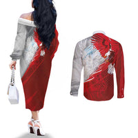 Poland Eagle and Winged Hussar Couples Matching Off The Shoulder Long Sleeve Dress and Long Sleeve Button Shirt Grunge Sporty Style